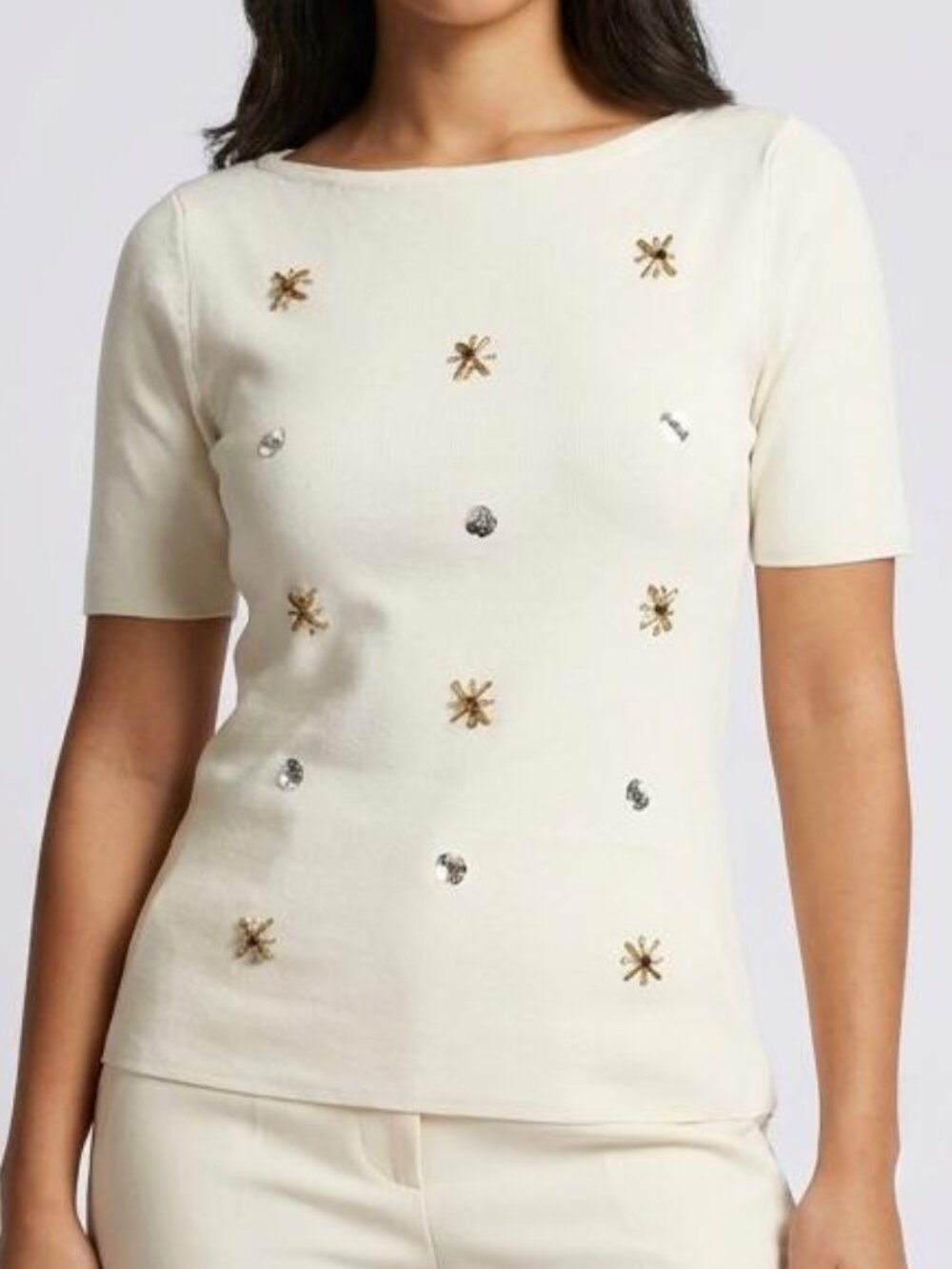 ZARA KNIT Cream Embellished Beaded Starburst Ribbed Top